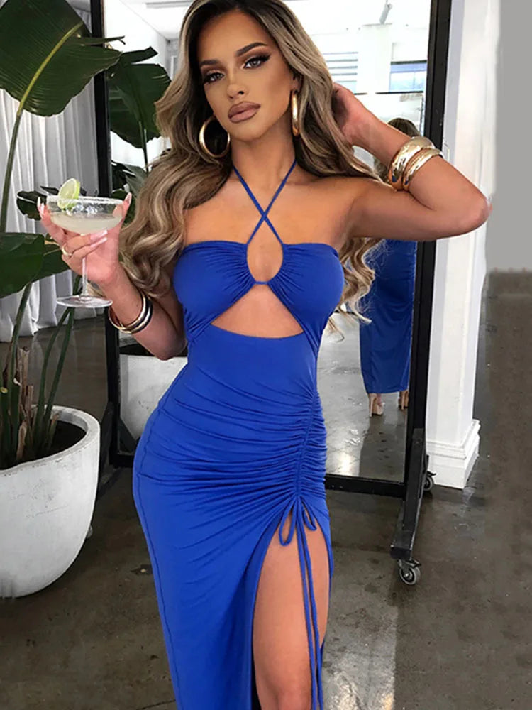 Sleeveless Sexy Female Midi Backless Dresses Slim Night Club Party Women's Dress Bodycon Vestidos Elegantes Para Mujer Blue