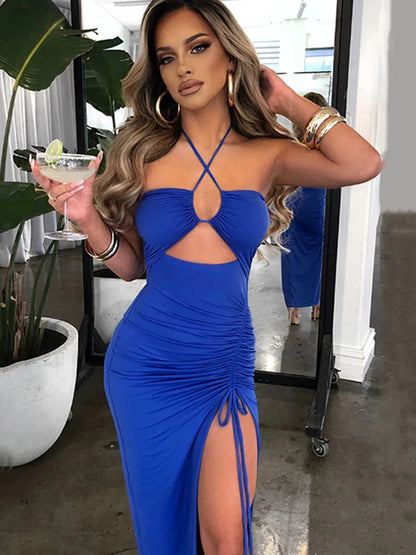 Sleeveless Sexy Female Midi Backless Dresses Slim Night Club Party Women's Dress Bodycon Vestidos Elegantes Para Mujer Blue