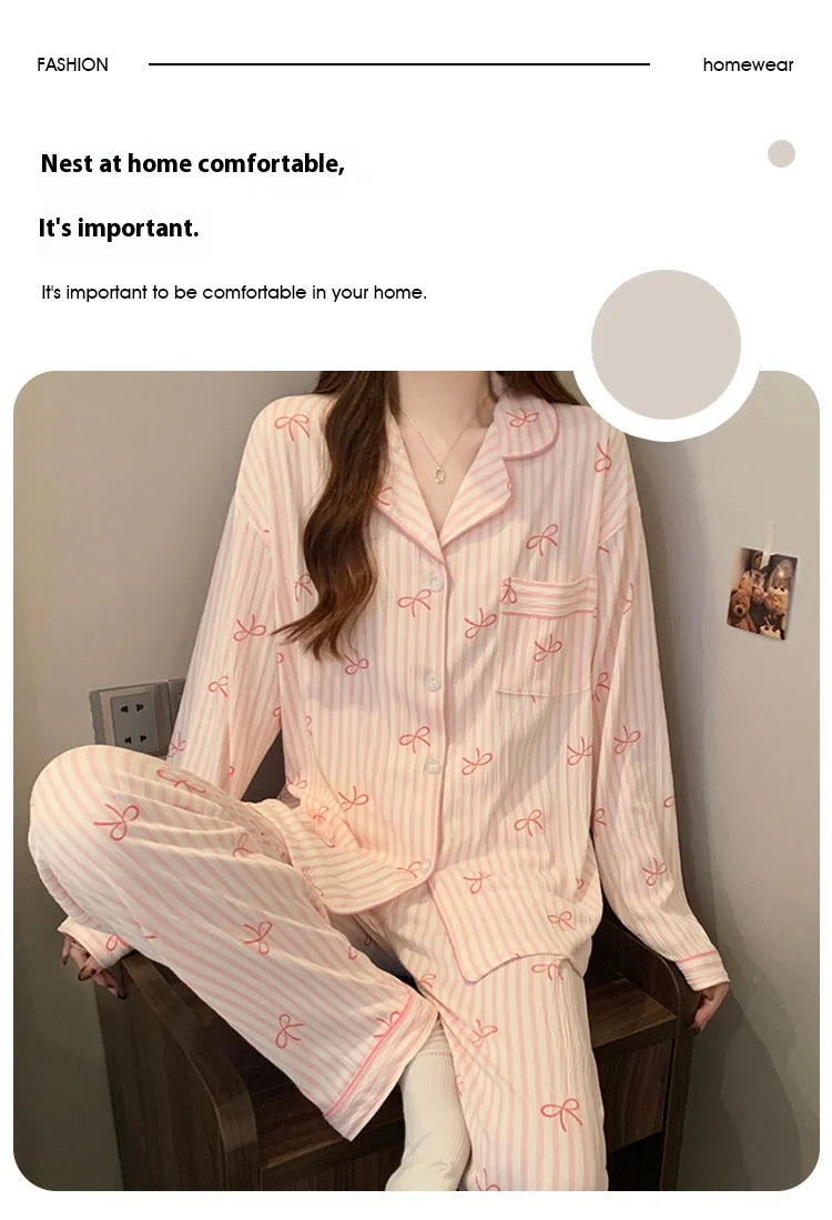 New Women's Spring and Fall Pajamas Homewear Set Wrinkled Cloth Sweet Girl Students Long-Sleeved Casual Pajamas Homewear Set