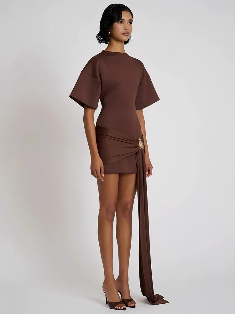 Mozision Fashion Short Sleeve Ruched Sexy Mini Dress Women Elegant Metal Decoration Solid O Neck High Waist Club Dresses New