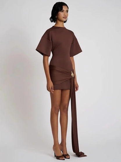 Mozision Fashion Short Sleeve Ruched Sexy Mini Dress Women Elegant Metal Decoration Solid O Neck High Waist Club Dresses New