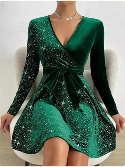Women's V-neck Sexy Long Sleeved Sequined Solid Color Dress High Street Fashion Elegant Party Evening Dresses Badiee Stylez