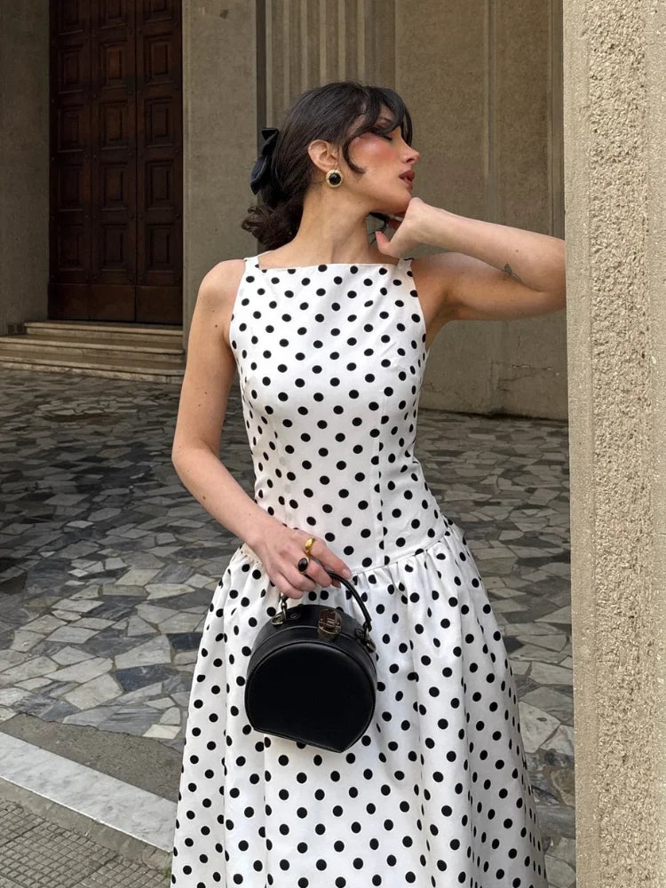 Fashion Polka Solid Slim Vestido Lady Elegant Chic Sleeveless Off Shoulder Pleat Square Neck Maxi Dress Summer Dinner Party Wear