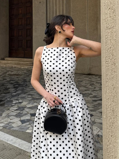 Fashion Polka Solid Slim Vestido Lady Elegant Chic Sleeveless Off Shoulder Pleat Square Neck Maxi Dress Summer Dinner Party Wear