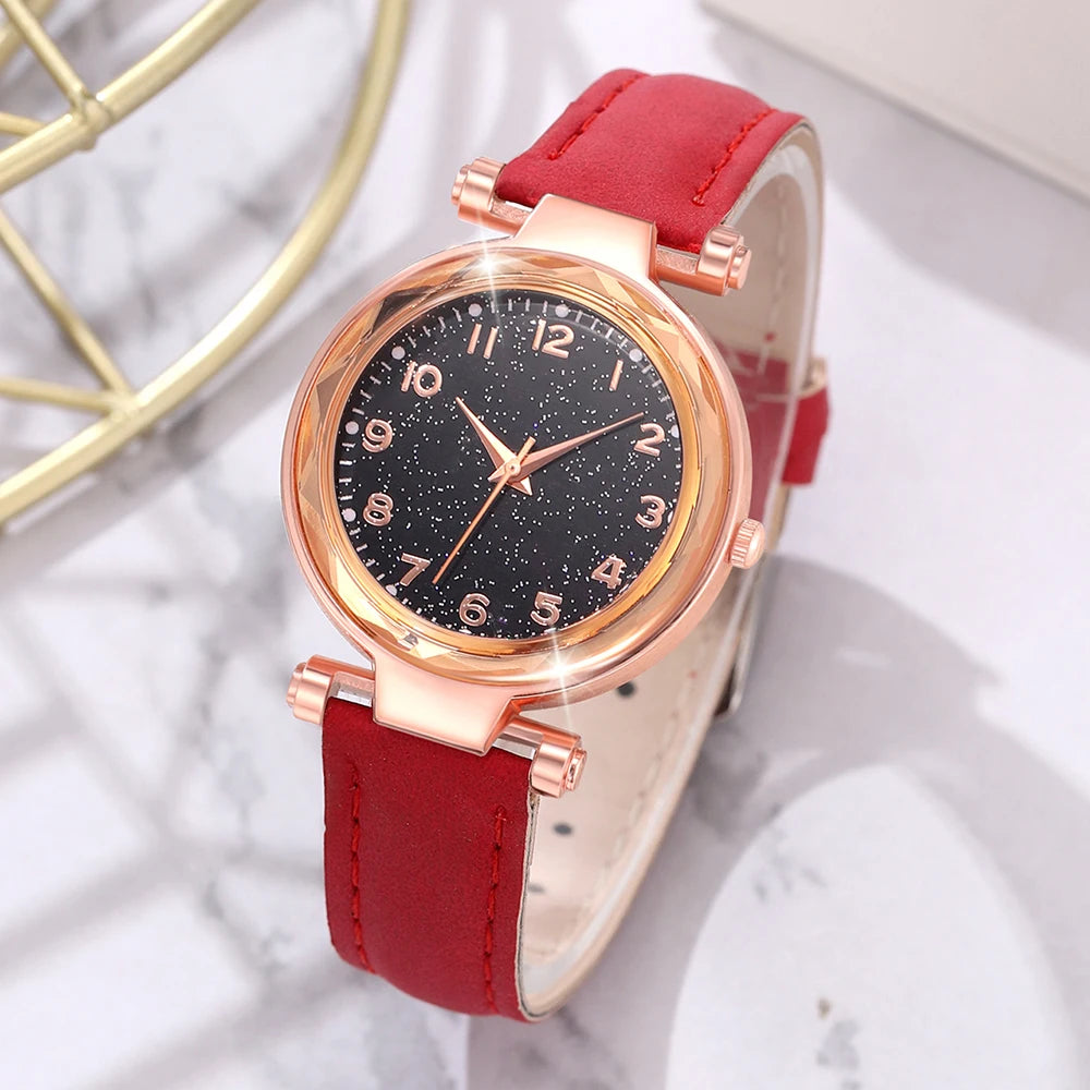 6PCS/Set Red Women's Watch With Minimalist Elements Dial Quartz Watch Latex Strap Cherry Elements Jewelry Set Girl's Gift Badiee Stylez