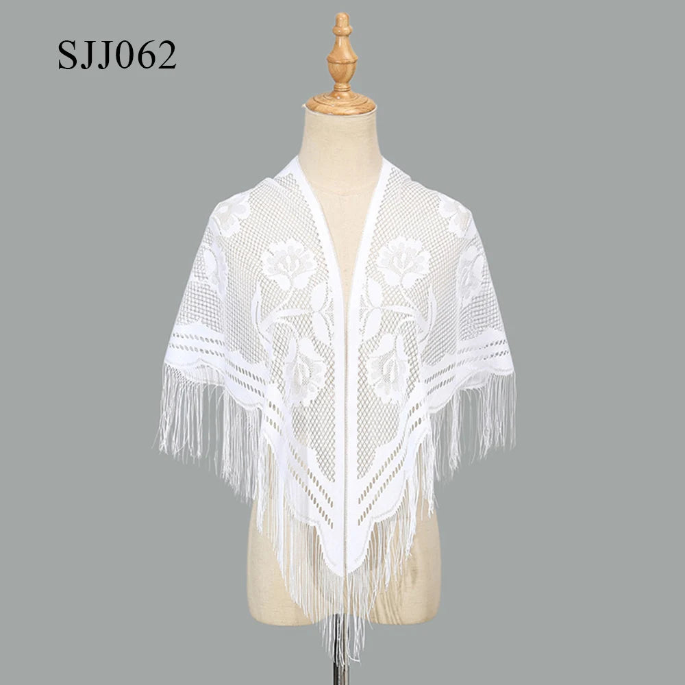 2024 White/Black Catholic Woman Spanish Style Lace Tassel Church Veil Head Covering Long Veil Floral Scarves Wedding Accessories Badiee Stylez