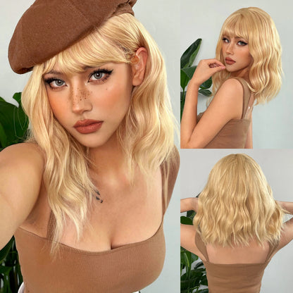 Allbell Magique Short Wavy Wig Bob Curly Wig With Bangs Dirty Orange Lolita Wigs Natural Synthetic Wig For Woman Heat Resistant