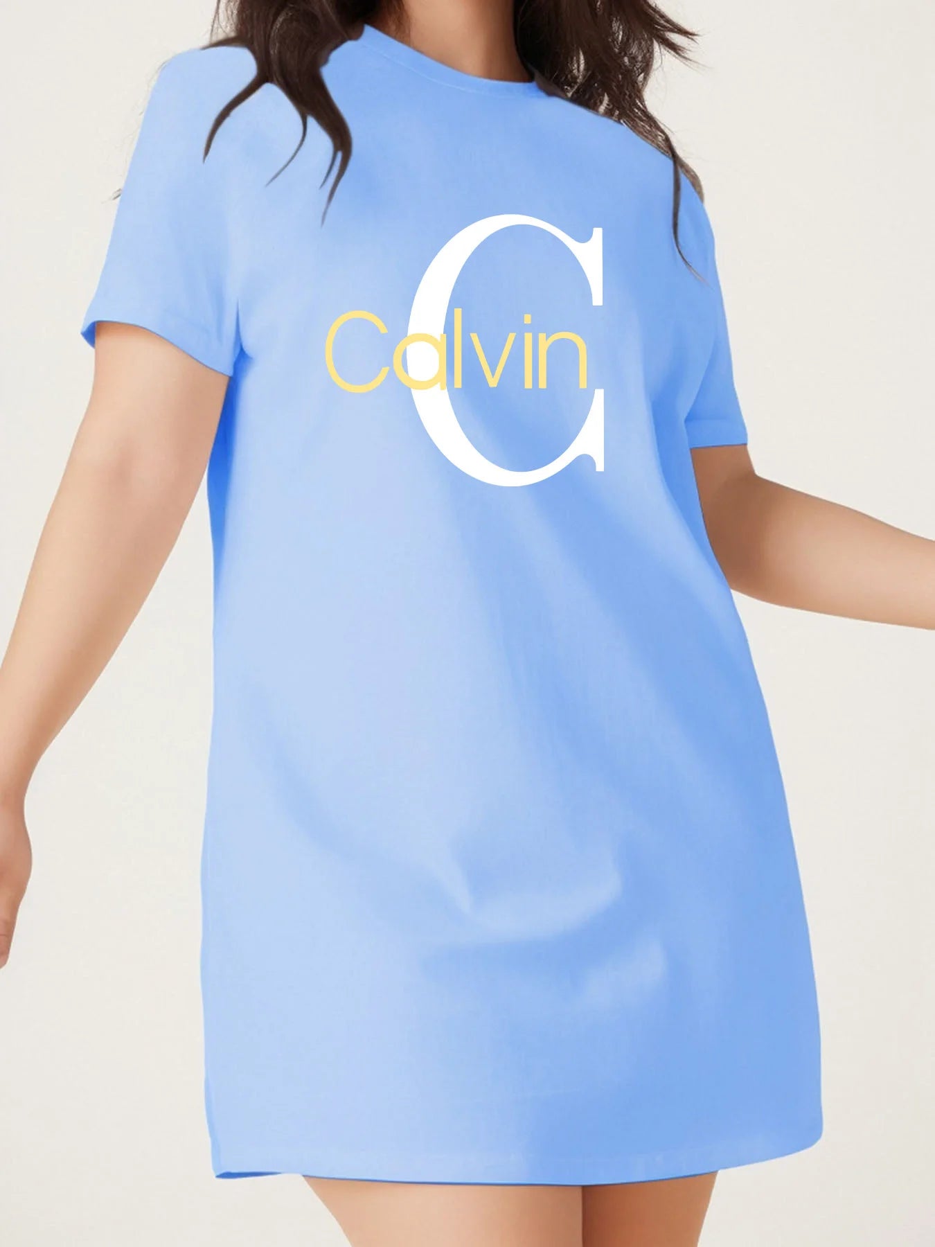 Plus Size Calvin Women's Breathable T-Shirt Dress Slim Fit Knee-Length Round Neck Casual Summer Dress with Bold Yellow Lettering CDXQ-208