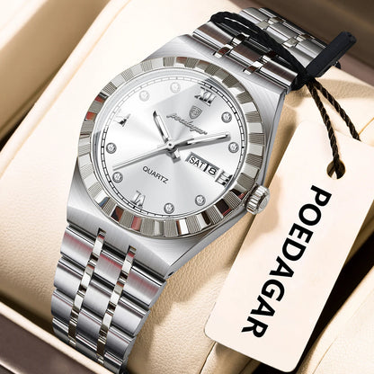 POEDAGAR Luxury Original Ladies Watch Luminous Waterproof Week Date Woman Wristwatch Stainless Steel Women Quartz Watches Female 794 Silver White