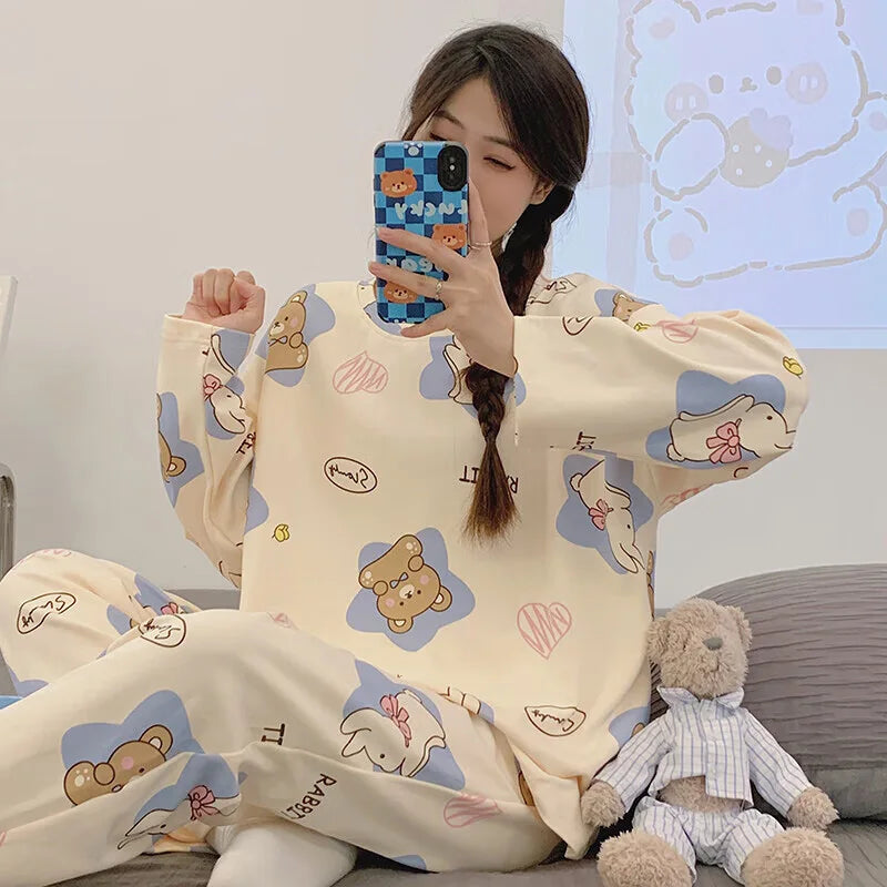 Women's Pajamas Two-Piece Casual Cute Comfortable Sleepwear Homewear Set Tops and Trousers Nightwear Lounge Wear Autumn Winter