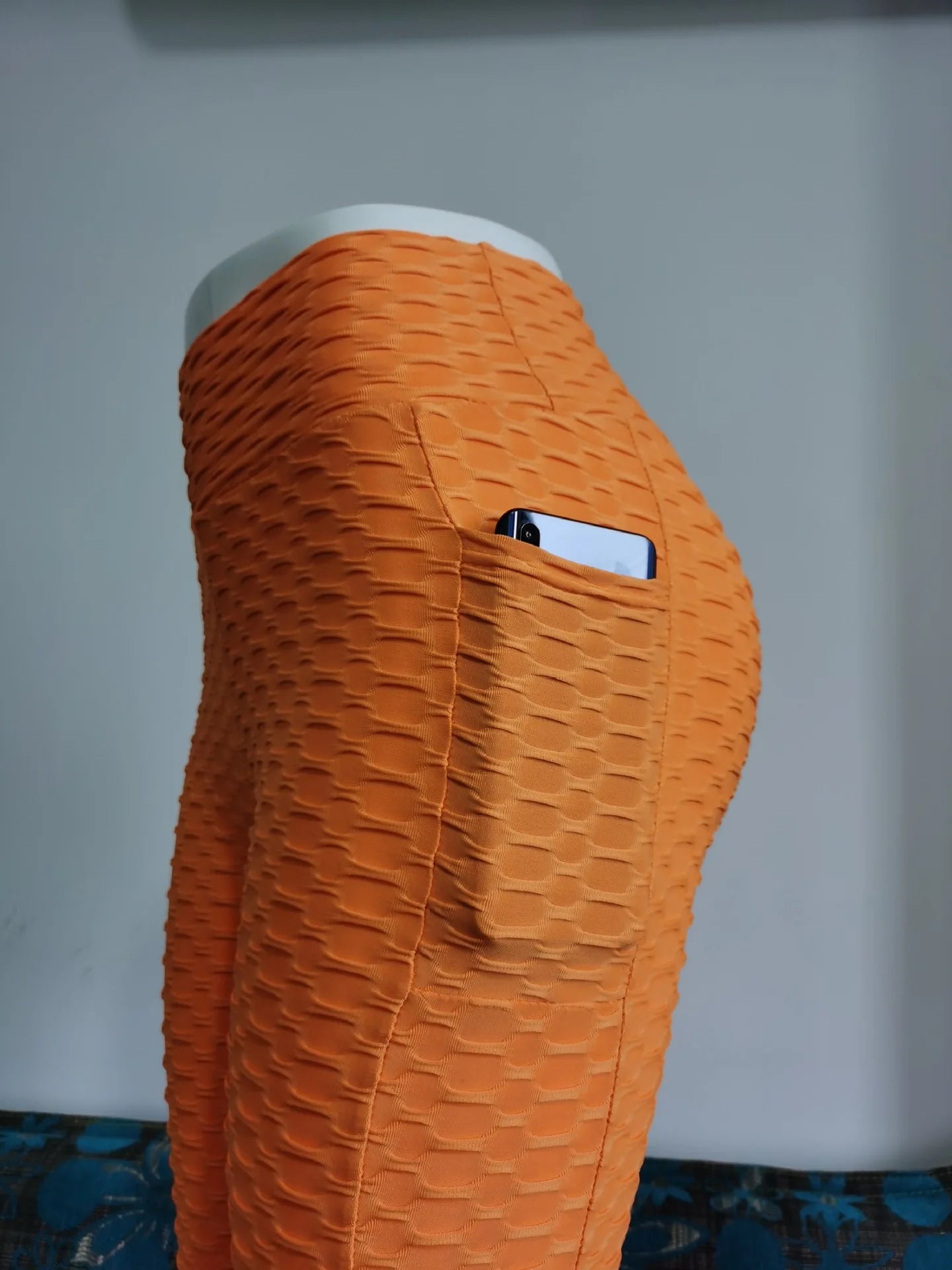 Women Fashion Pocket Bubble Pants Stretchy Slim Leggings Gym Running Cycling Fitness Pants High Waist Hip Lift Leggings Female orange