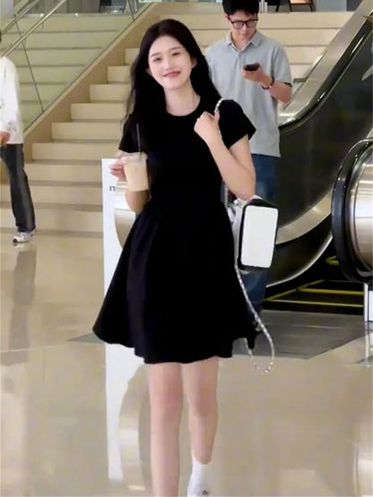 Women's Petite Black Summer Dress Round Collar Short Sleeve Slimming A-Line Mini Streetwear French Elegant LBD for Juniors