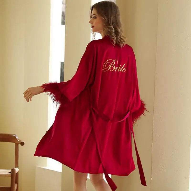 Kimono Bride Bridesmaid Robe Loungewear Wedding Bathrobe Gown Feather Women Embroidery Letter Sleepwear Short Satin Nightgown Burgundy Bride