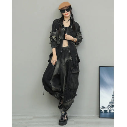 Trendy Cool Pant Set Women Autumn Vintage Denim Patchwork Long Sleeve Irregular Jacket + Harem Pants Two-Piece Set LX4331 Badiee Stylez