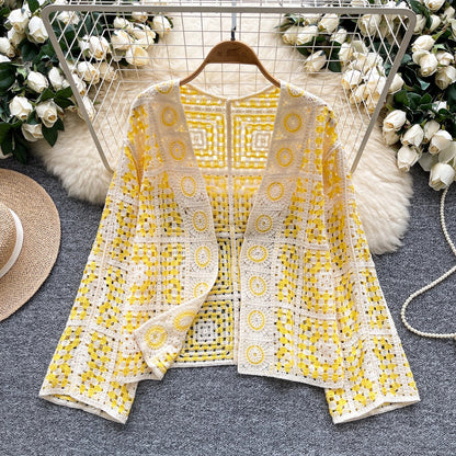 SINGREINY Vintage Boho Loose Plaid Cardigans Female Long Sleeves Hook Flower Hollow Tops 2025 Vacation Sunscreen Casual Shirt Badiee Stylez