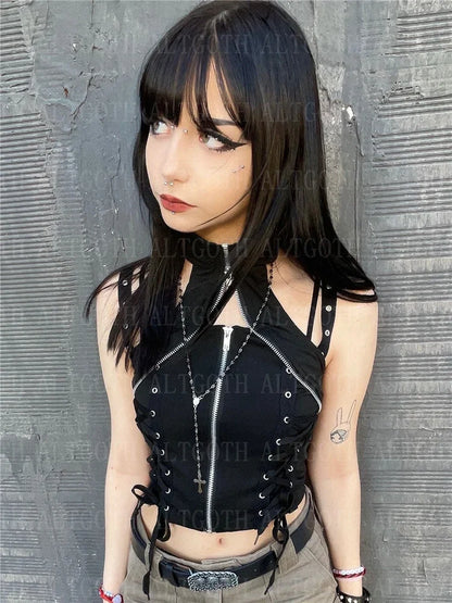 Y2k Dark Punk Gothic Corset Vest Women 2024 High Waist Bandage Crop Tank Tops Streetwear Emo Alt Harajuku Halter Rave Outfits
