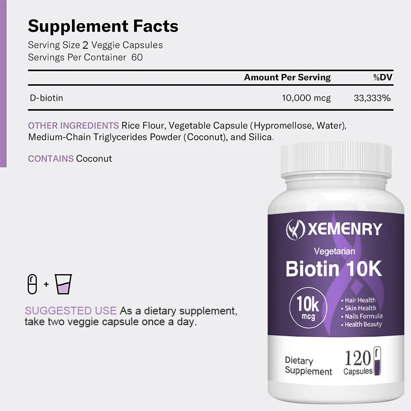 Biotin 10,000mcg - with Coconut Oil Vitamin for Hair Growth, Natural Hair, Skin and Nails - Non-GMO