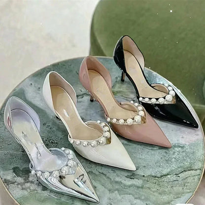 Spring/Summer New Pointed High Heels Hollow Fashion Banquet Pearl Hollow V-Mouth Women's Thin Heels Shallow Mouth Sandals