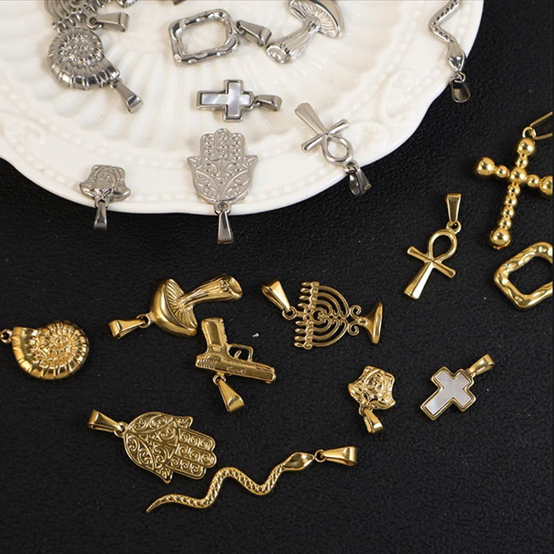 RHYSONG Geometric Stainless Steel 18K Gold Plated Snake Cross Palm Conch Mushroom Pistol Pendant For Women Diy Findings Jewelry