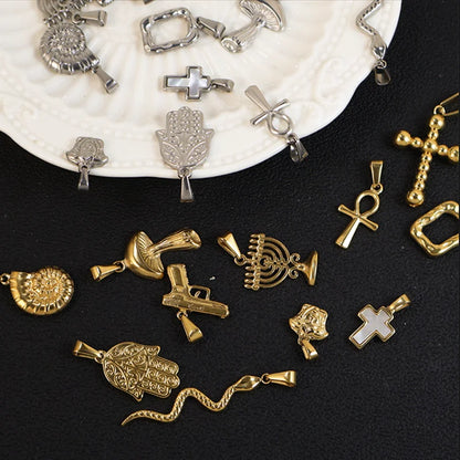 RHYSONG Geometric Stainless Steel 18K Gold Plated Snake Cross Palm Conch Mushroom Pistol Pendant For Women Diy Findings Jewelry