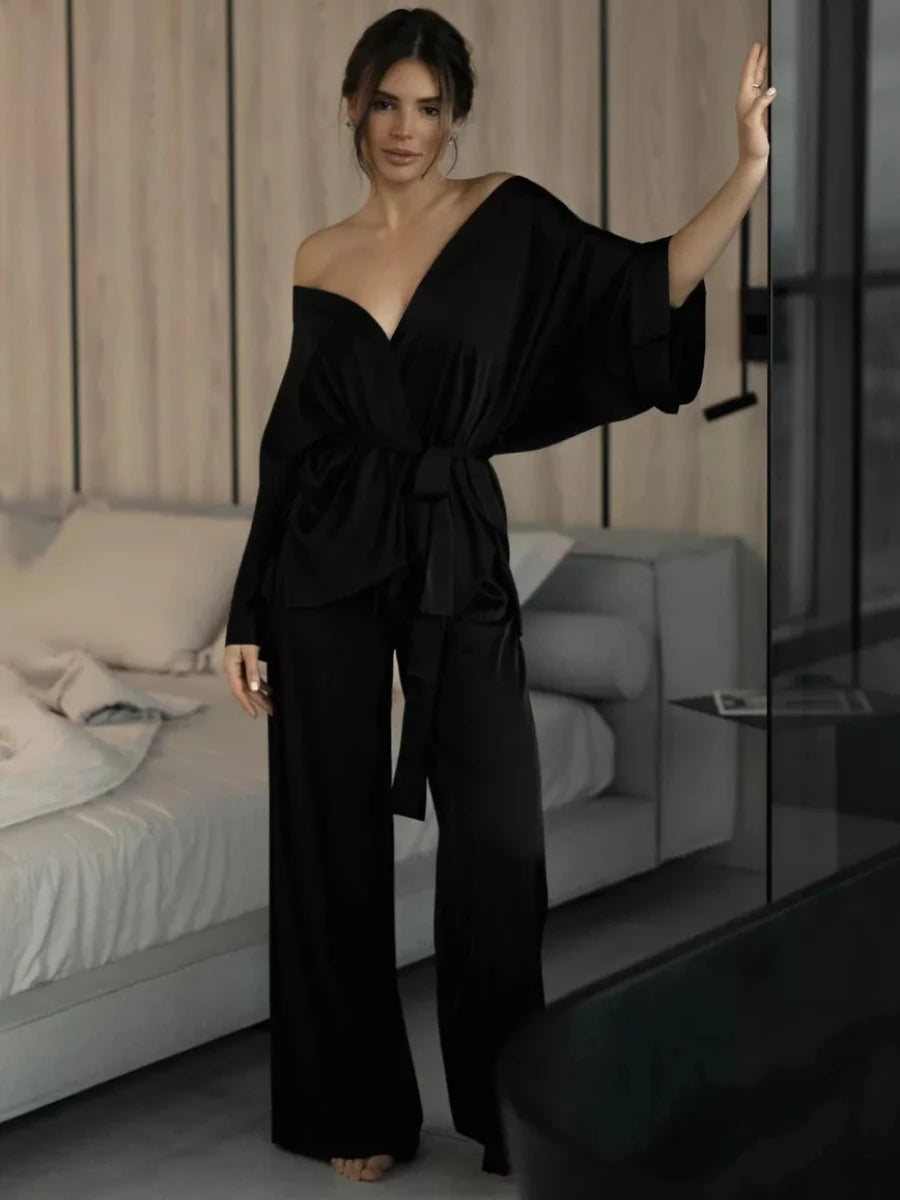 Mozuleva Solid Color Long Sleeved Pants Pajama 2-Piece Set Women's Autumn Winter Lace Up Nightgown Comfortable Home Clothing Black