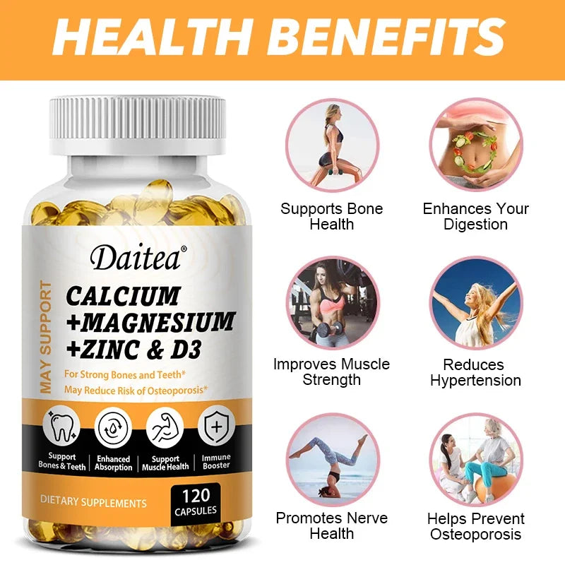 Daitea Calcium Magnesium Zinc Capsules Vitamin D3 helps support bones, teeth, heart, and enhance immune system function.
