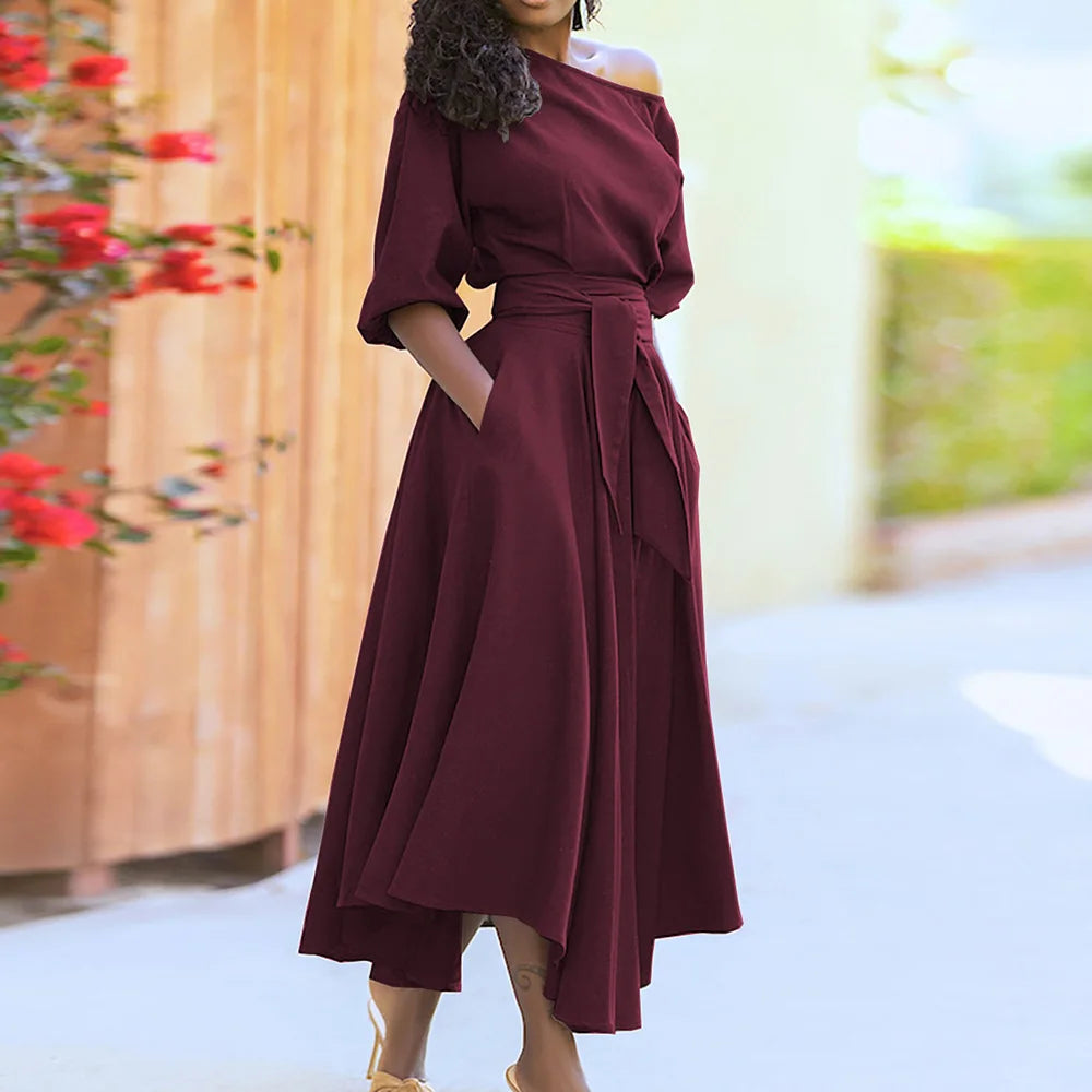 Elegant Women's Spring/Summer Fashion Green Diagonal Neck Middle Sleeve Casual Dress Women's Casual Retro Long Dress s-3XL