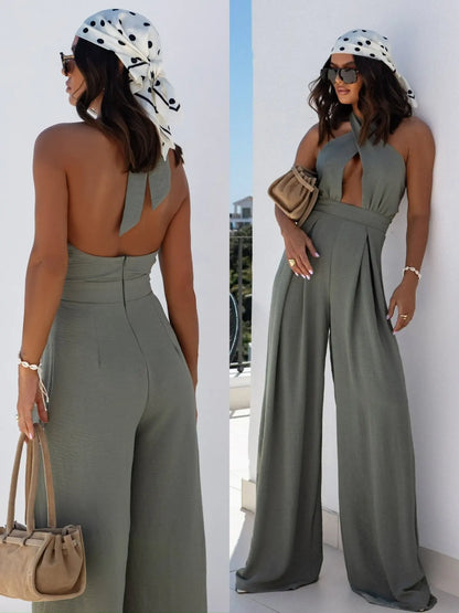 Sexy Solid Sleeveless Jumpsuit Spring Summer Fashion Commuter Women's Elegant Lapel Halter Neck Folds Wide Leg Trousers Jumpsuit Badiee Stylez