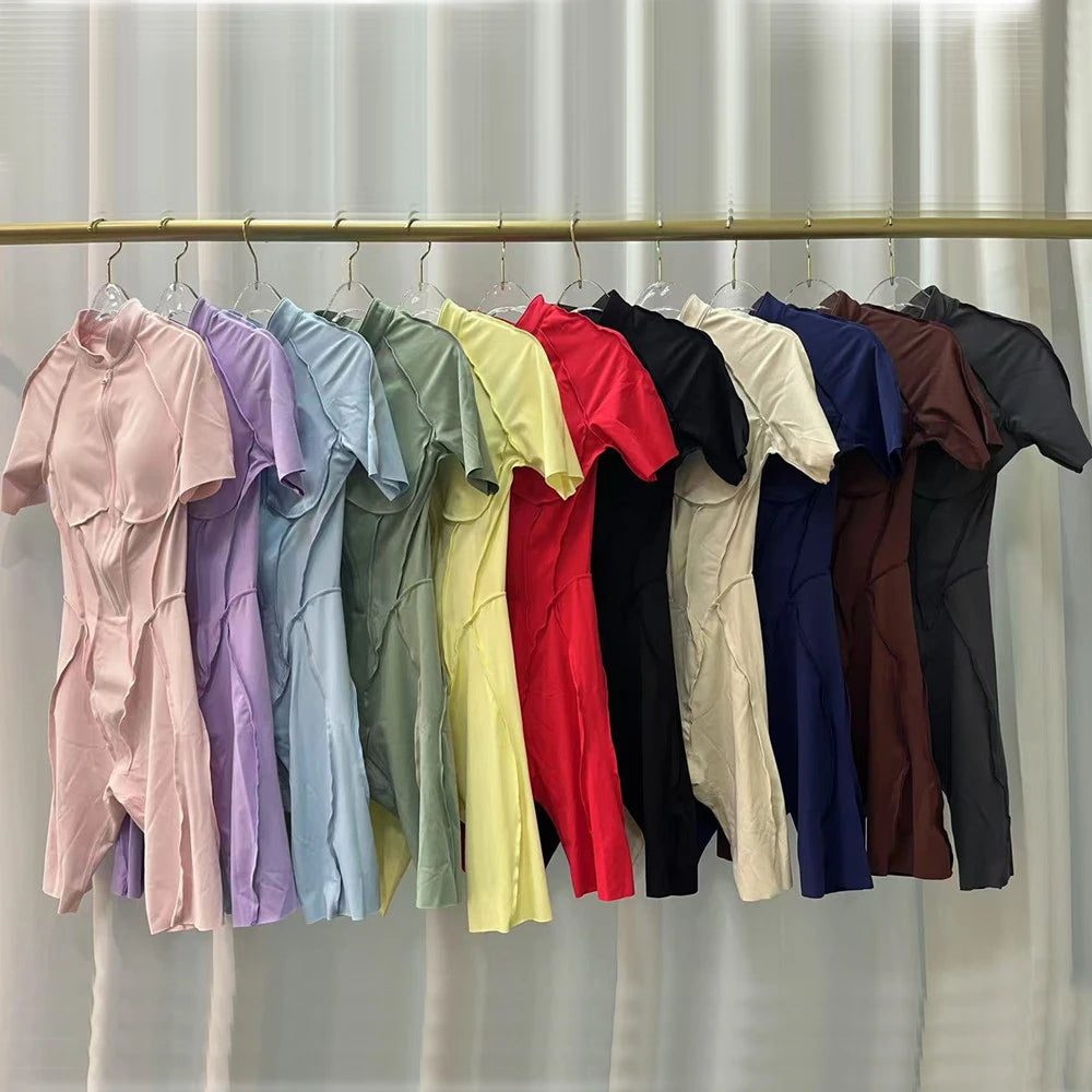 Pad Yoga Set Jumpsuit Short Sleeve Zipper Sports Gym Fitness Women Dance Running Workout Legging Bodysuits Active Wear XP83 Badiee Stylez