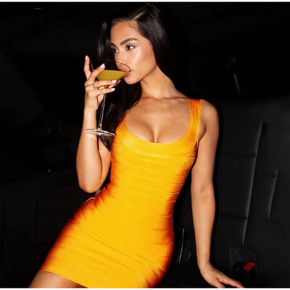 Pink Pleated Knitted Bandage Dress Women Sexy U Neck Sleveeless Slim Vestidos 2025 Summer Party Birthday Lady Mini Dresses Chic