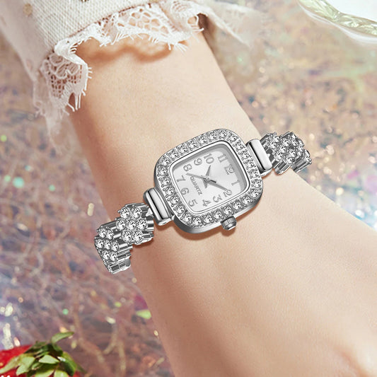 2PCS Silver Women's Watch Set Fashionable Luxury Trendy Digital Scale Rectangular Dial Quartz Watch Bracelet Set Perfect Gift