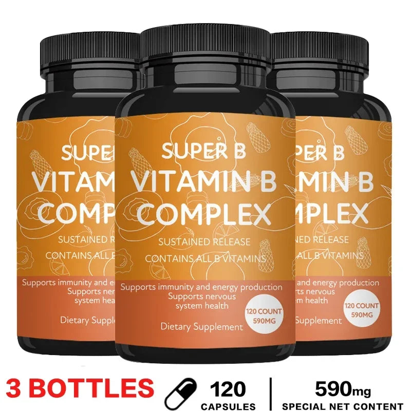 Vitamin B Complex Capsules - Reduce Stress, Promotes Nervous System Healthy, Strong Bones &Teeth, Boost Immunity 120 Capsule-3bottles