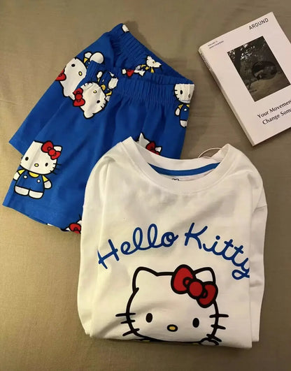 Hello Kitty Summer White & Blue Pajama Set Women's Short Sleeve Shorts with Lace Accents Soft Breathable Loungewear Home Comfort