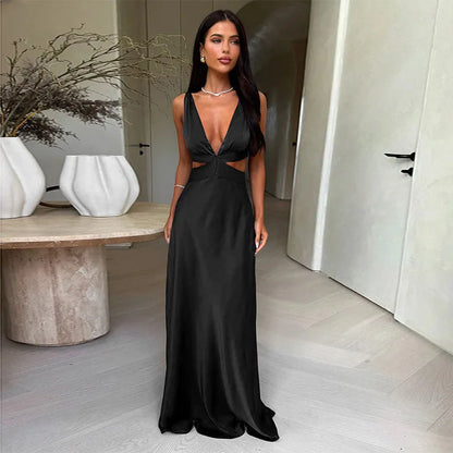 Tornova Deep V neck Hollow Long Dress Female Sleeveless Slit Beach Vacation Dress Solid Color High Waist Bodycon Women's Dress