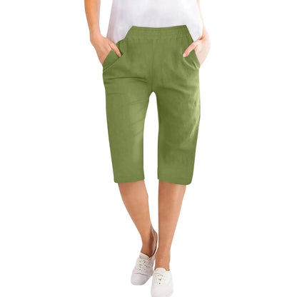 Womens Capris Cotton Linen Pants Drawstring Elastic Waist Pants Casual Cropped Trousers Daily Breeches Five Half Pants Pantalone Army Green