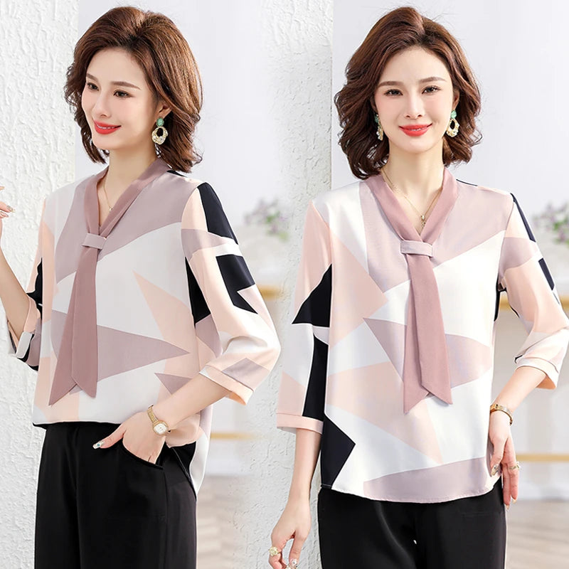 Women's Shirt Middle-aged Mother Elegant Summer Lady Shirts Bandage Floral Printed Chiffon Shirt Blouse Women's Clothing