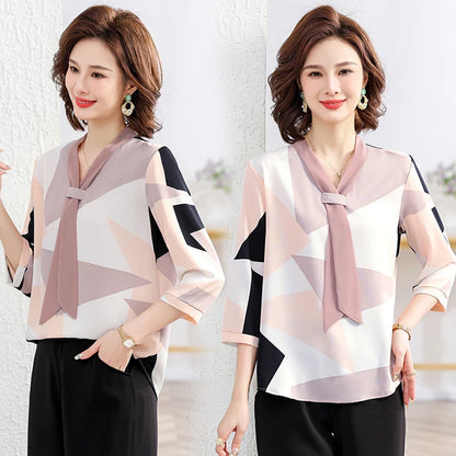 Women's Shirt Middle-aged Mother Elegant Summer Lady Shirts Bandage Floral Printed Chiffon Shirt Blouse Women's Clothing