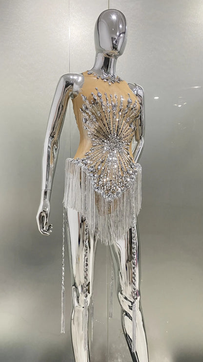 Sliver Sequins Shining Diamonds Long Tassel Sleeveless Mini Dress High Quality Evening Dress Woman Birthday Party Outfit