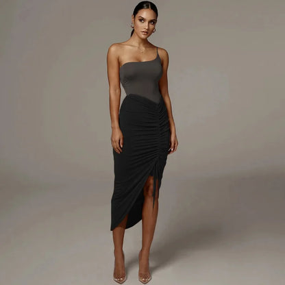 Women New Asymmetrical Shirring Skirt High Waist Pleated Fashion Pencil Skirt Summer Solid Wrap Hip Sexy Slim Irregular Skirts