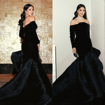 Customized Luxury Black Evening Dresses Graceful Strapless Long Sleeves Celebrity Gowns Exquisite Special Occasion Gowns Badiee Stylez