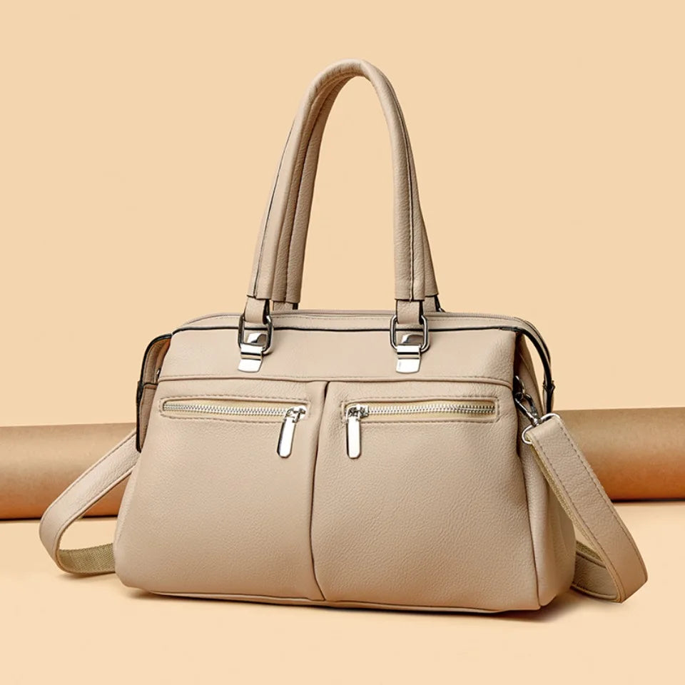 Two Pockets Genuine Brand High Quality Leather Casual Tote Luxury Handbags Women Bags Designer Shoulder Hand Bags for Women Sac