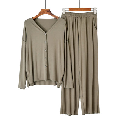 Japanese new style cotton pajamas suit ladies spring and autumn cardigan solid color long-sleeved trousers home service suit Olive green One Size