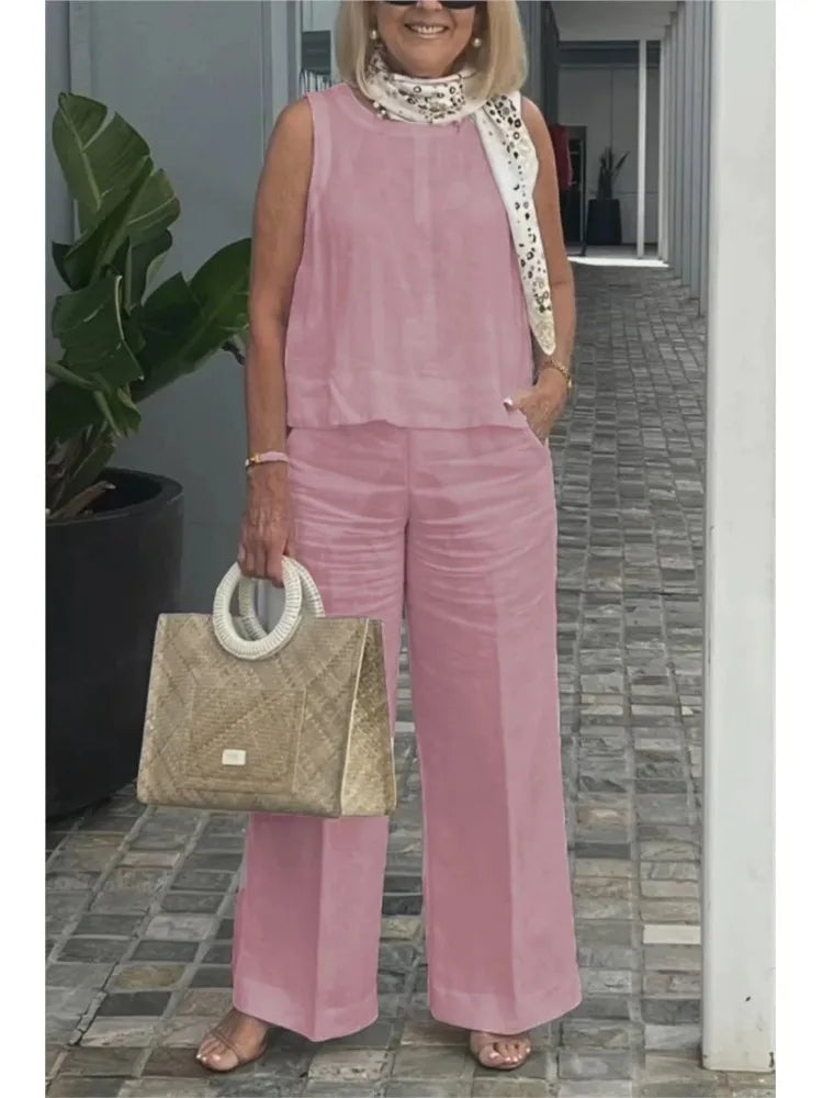 Spring Summer Cotton Linen Solid Color Sleeveless Vest Top Women Pants Suit Casual Pocket Elegant Female Office Retro 2Piece Set Pink