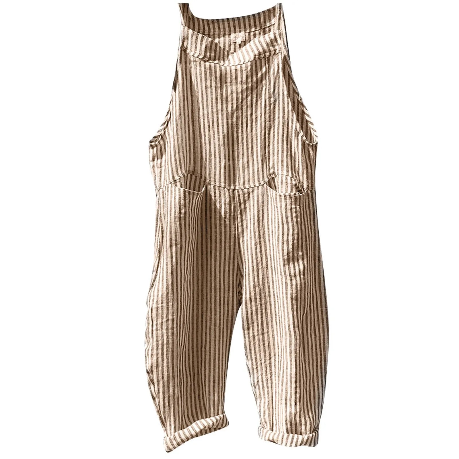 Casual Striped Overalls Korean Style Women's Summer Loose Fit Suspenders Jumpsuits Contrast Color Wide Leg Pants WIth Pockets