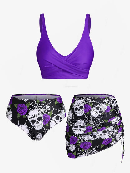 ROSEGAL Plus Size Women's Plus Size & Curve Skull Rose Print Crossover Three Piece Bikini Swimsuits Concord