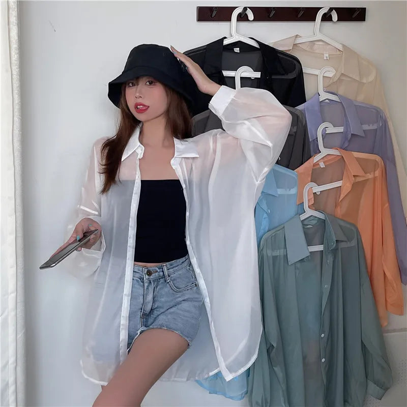 Semi Sheer Long Sleeve Shirt for Women Shimmer Button Down Collared Plain Lightweight Shirt Spring Summer Chic Tops Outfit