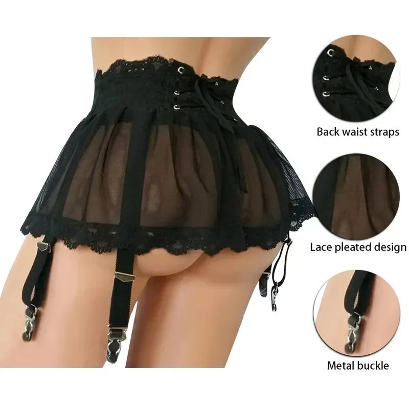 Plus Size Women's Sexy Lingerie Lace Garter Suspenders Transparent Underwear Mini Skirt Waist Belt for Stockings Bondage Garters black garter