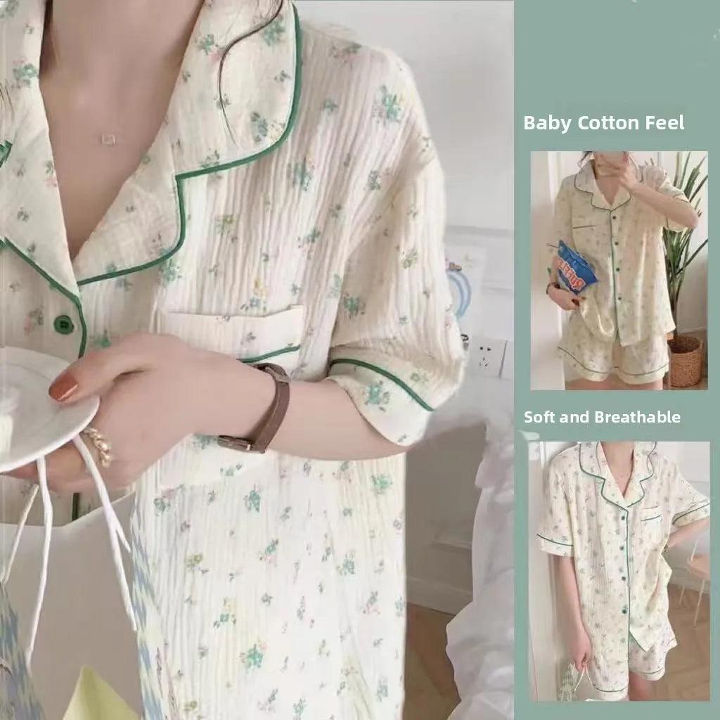 Cute Girl's Summer Cotton Linen ort Sve Nightgown Home Clothes Set Bear Print Gauze Spwear Simple Home Sle Cloud cotton open short-green tree
