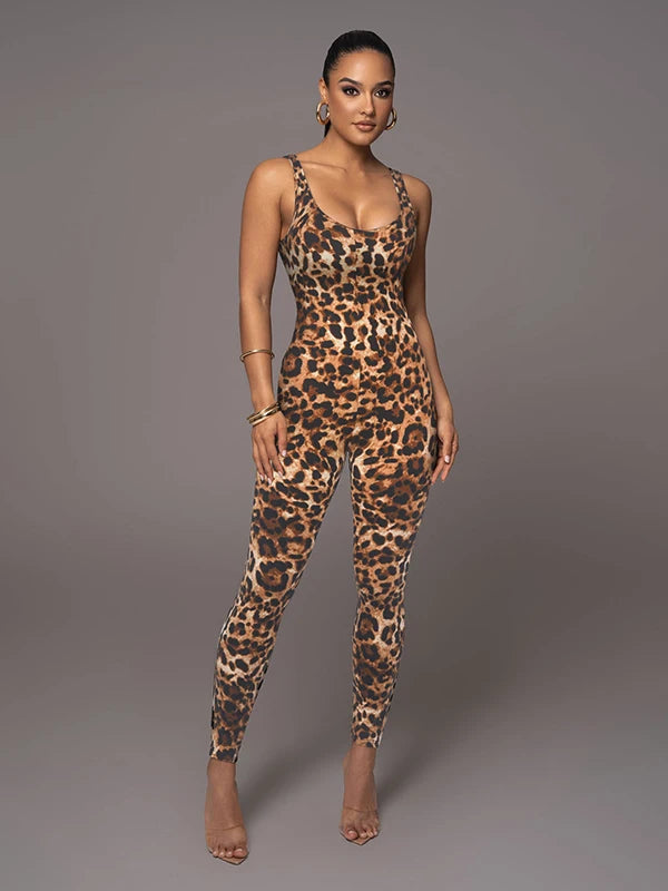 Women's Sexy Leopard Print Skinny Nightclub Jumpsuit Spaghetti-Neck Yoga Clothes Fitness Coverall Female Club Outfits
