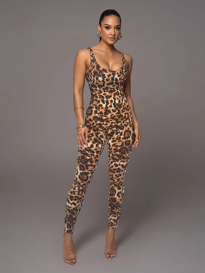 Women's Sexy Leopard Print Skinny Nightclub Jumpsuit Spaghetti-Neck Yoga Clothes Fitness Coverall Female Club Outfits